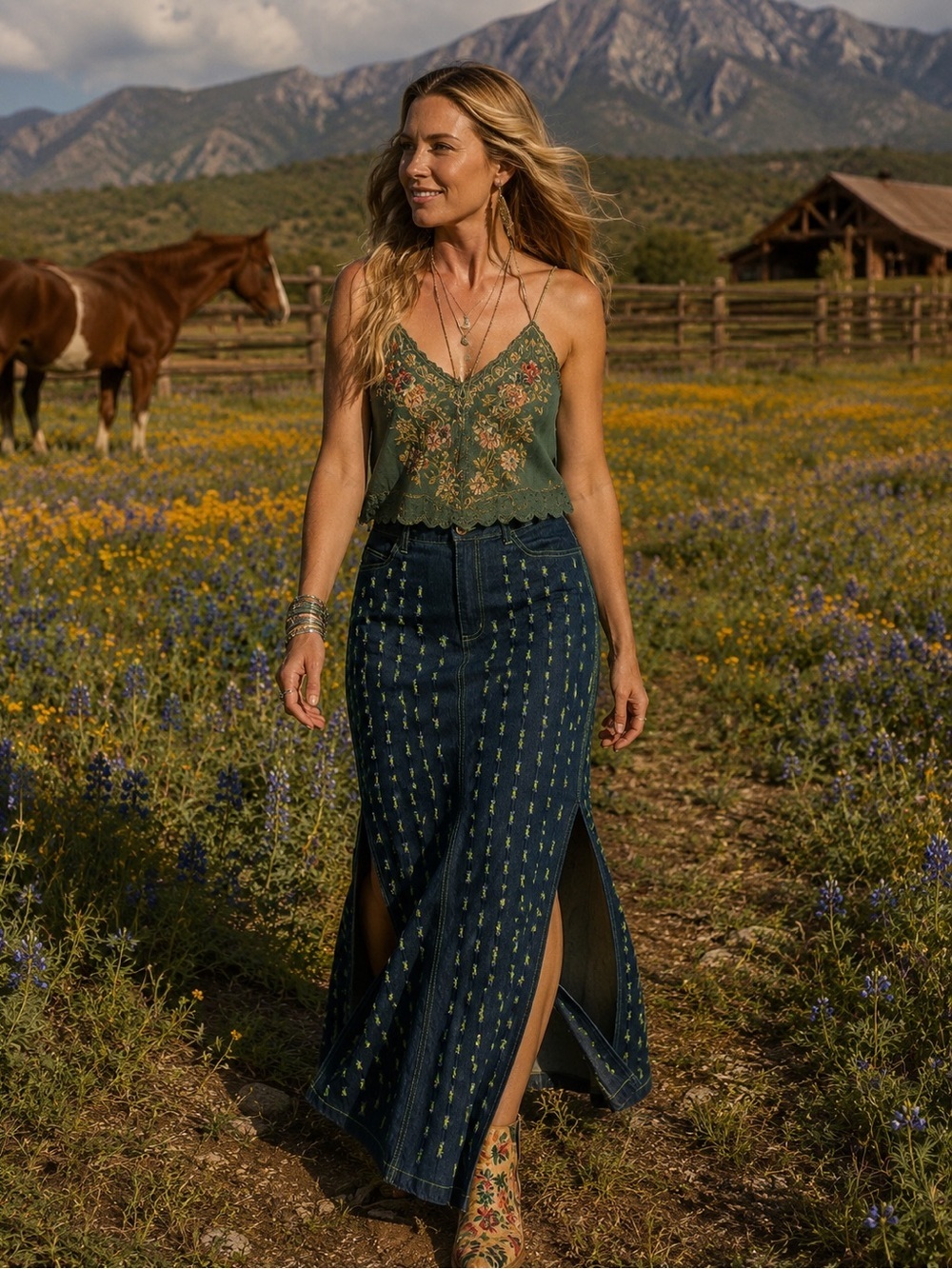 Via Via Fashion by Milagros Embellished Swiss Dots Denim Maxi Skirt – S (28).
